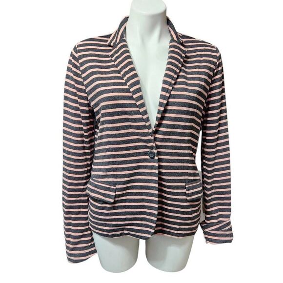 Garnet Hill relaxed knit blazer cotton gray peach stripe one button size 10 - Picture 1 of 8